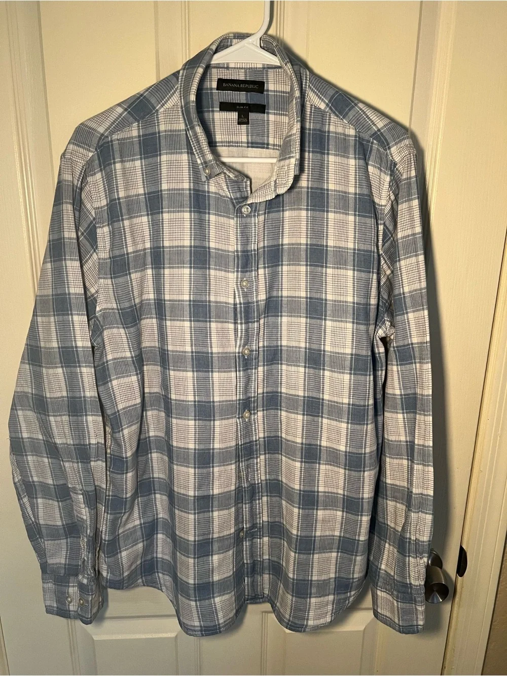 Banana Republic Slim Fit Plaid Button Down Shirt Blue White 100% Cotton